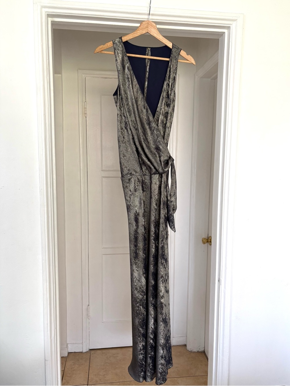 Sleeveless Metallic Silver Wrap Maxi Dress with Side Tie